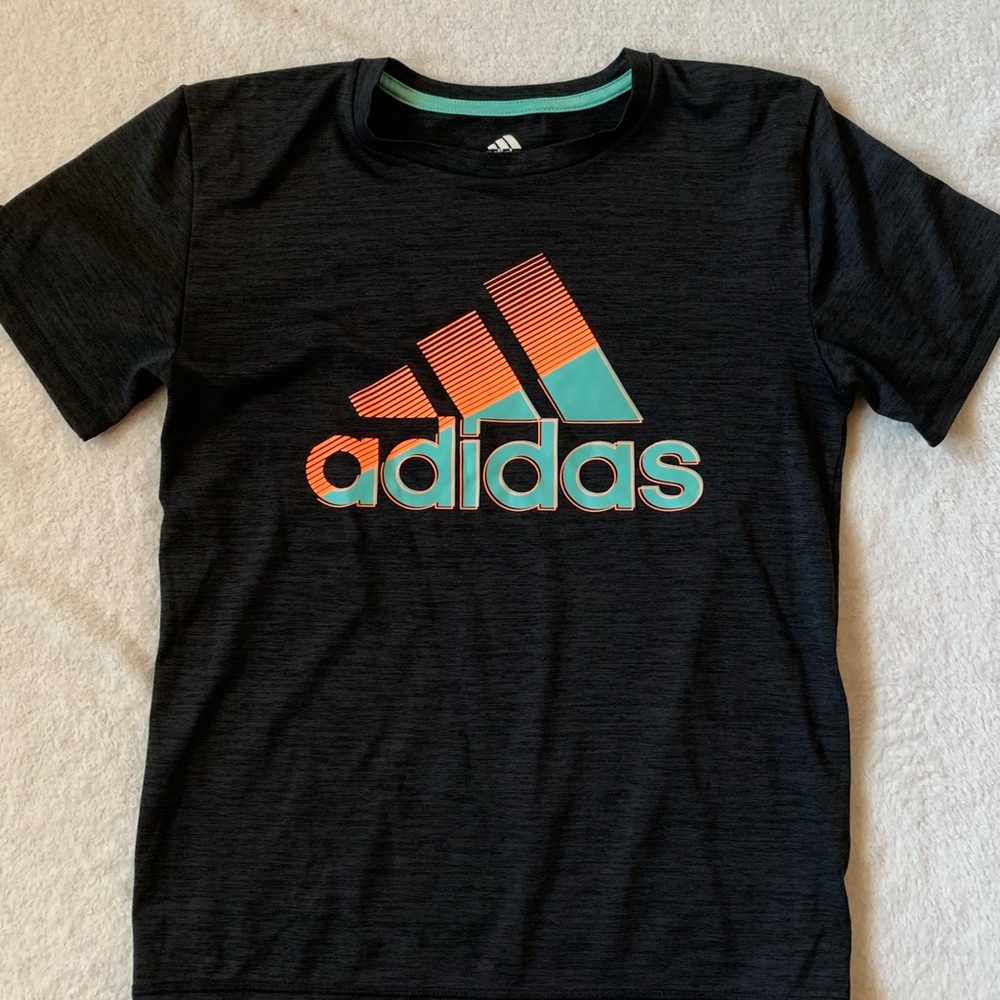 Adidas Black Athletic Tee with Orange & Teal Logo Youth Medium